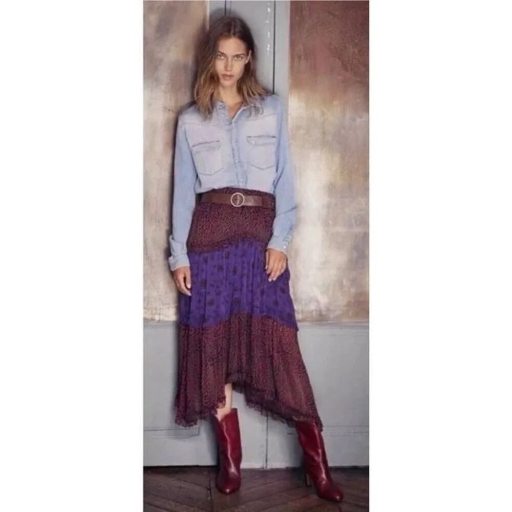 ba&sh Gapi Medium Asymmetric Midi purple boho festival gypsy tiered skirt